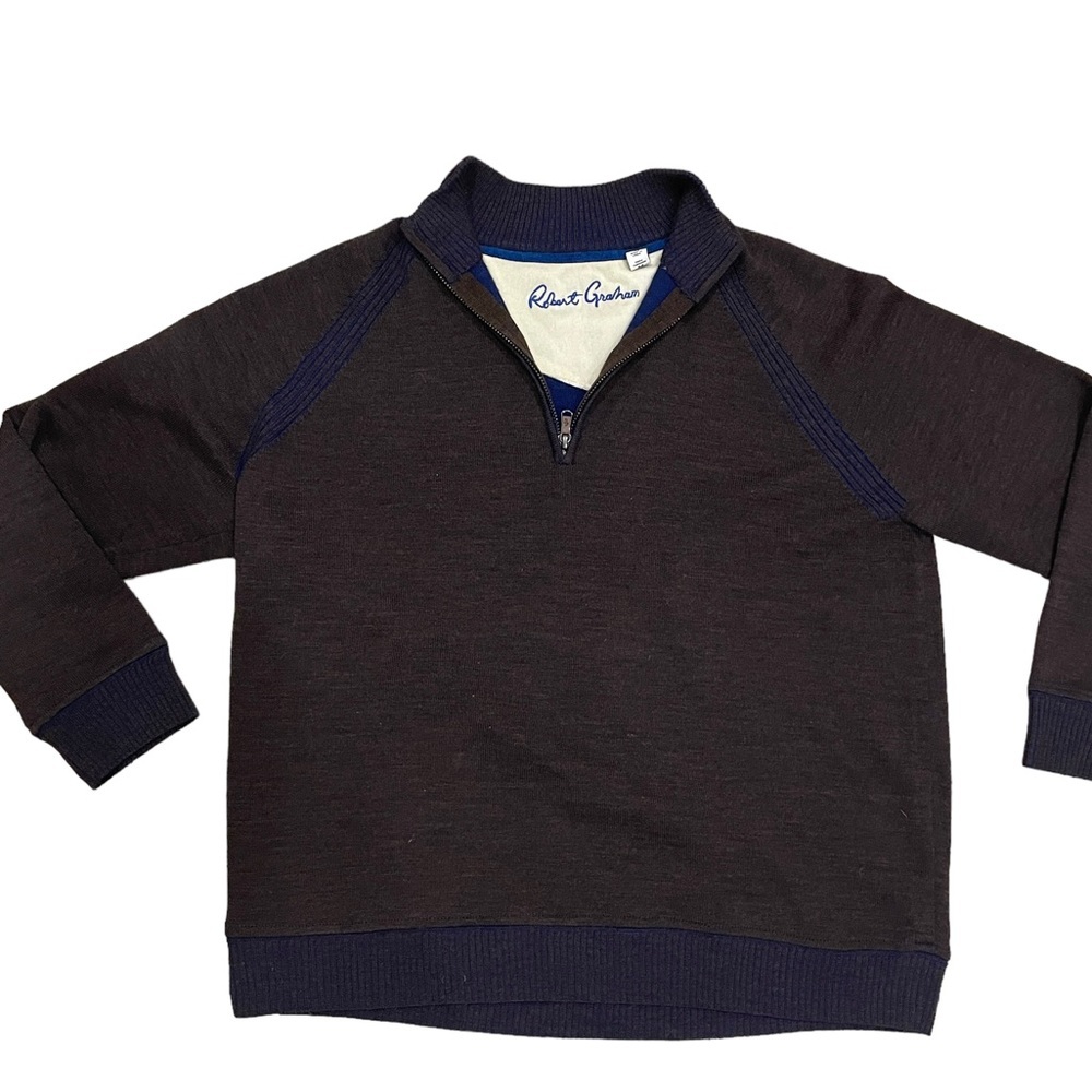 Robert Graham Ross 1/4 Zip Pullover Sweater 100% Wool Burgundy Blue Size Medium
